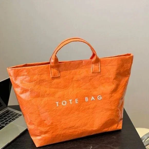 Large Orange Glossy PVC Tote Bag Lightweight Everyday Shopping Handbag - Picture 3 of 4